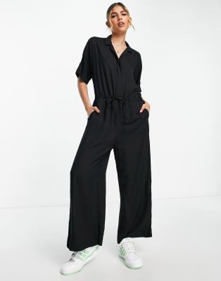 Monki tie waist button down jumpsuit in black - ASOS Price Checker