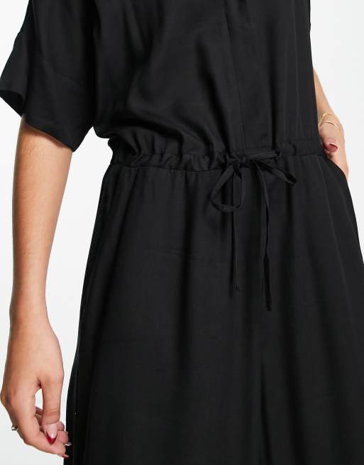 Monki tie waist button down jumpsuit in black | ASOS