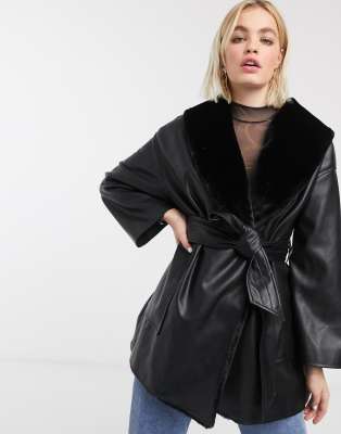 Monki tie waist faux leather jacket with faux fur lining in black