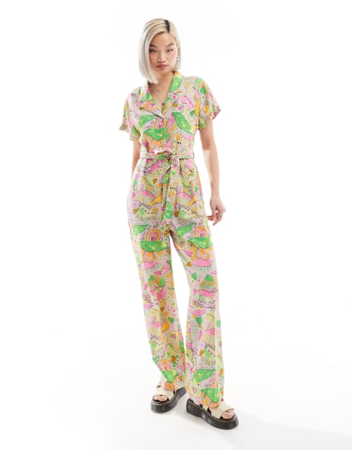 Monki tie waist jumpsuit in abstract hearts print