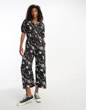 ASOS DESIGN linen button strap jumpsuit in black