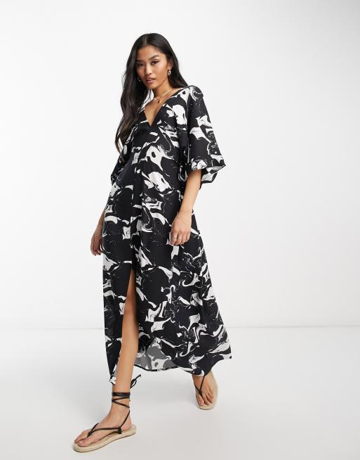 Monki tie waist maxi kaftan dress in black and white marble