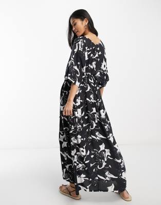 Monki tie waist maxi kaftan dress in black and white marble ASOS