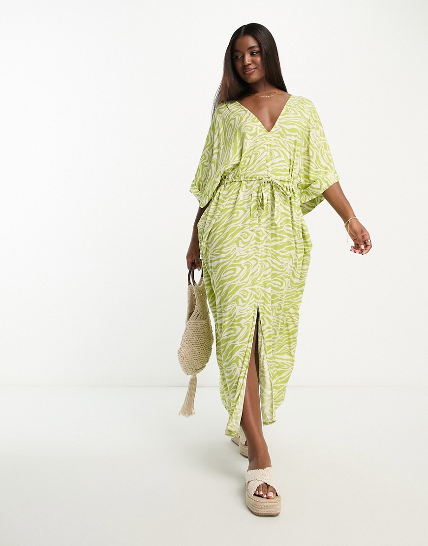 Monki Tie Waist Maxi Kaftan Dress In Lime Zebra Print-green