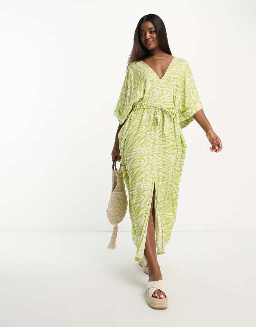 Monki long sleeve dress in green leopard print with slit