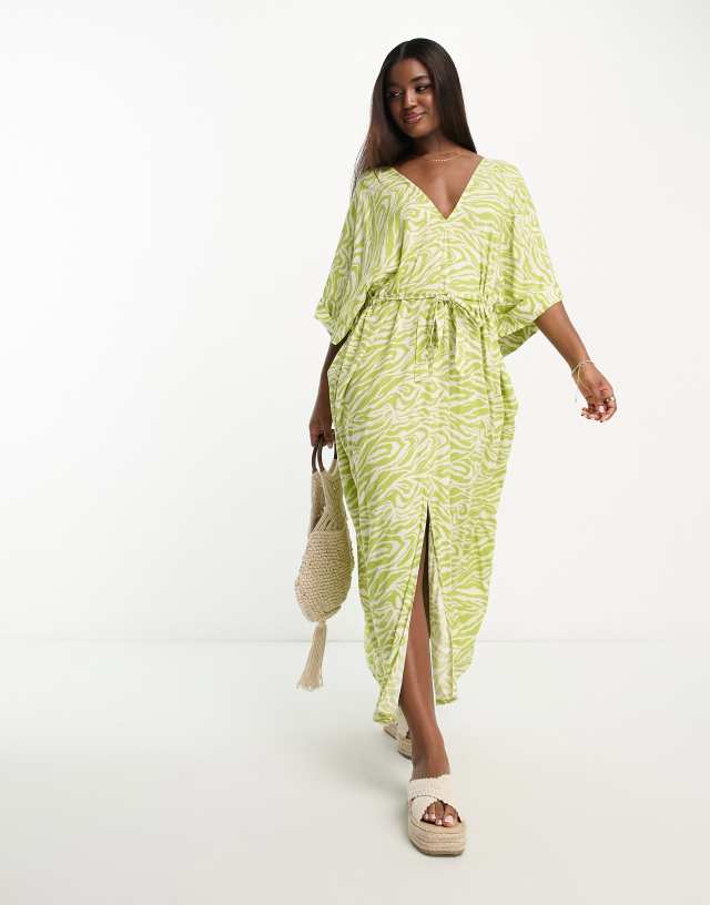 Monki tie waist maxi kaftan dress in lime zebra print