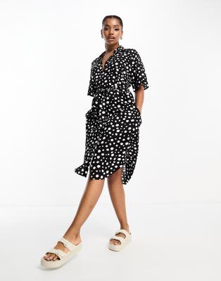 Monki tie waist midi shirt dress in black and white spots-Multi