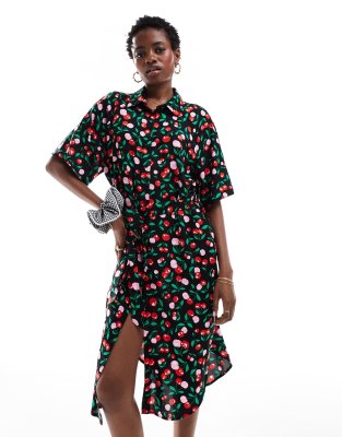 tie waist midi shirt dress in black cherry print exclusive to ASOS-Multi