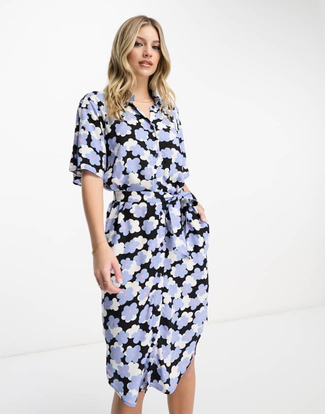 Monki tie waist midi shirt dress in blue floral