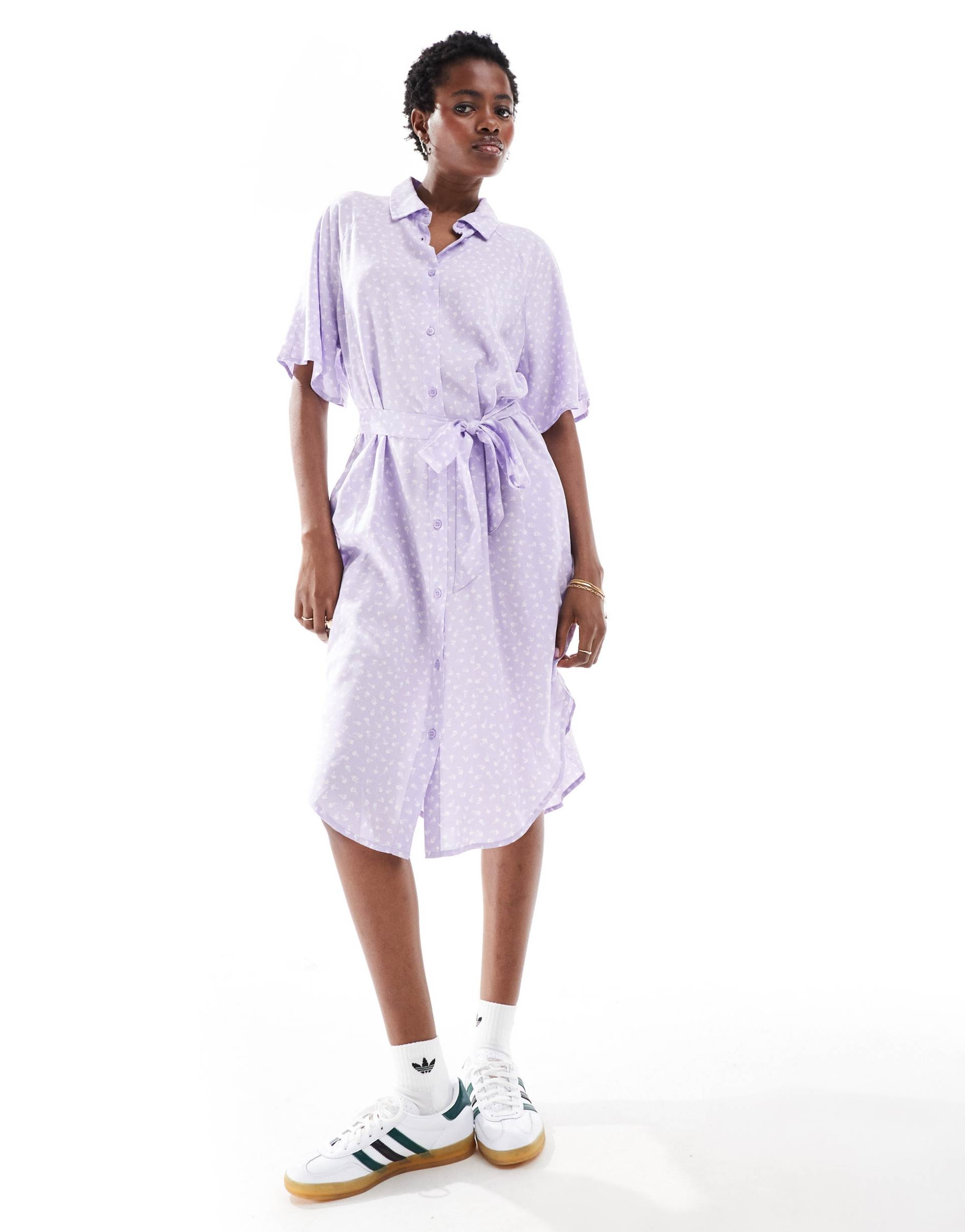 monki tie waist midi shirt dress in dark lilac ditsy print exclusive to asos