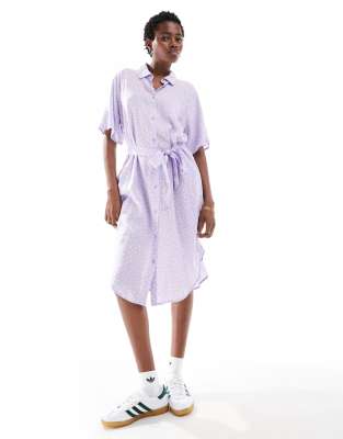 Monki Tie Waist Midi Shirt Dress In Dark Lilac Ditsy Print-multi