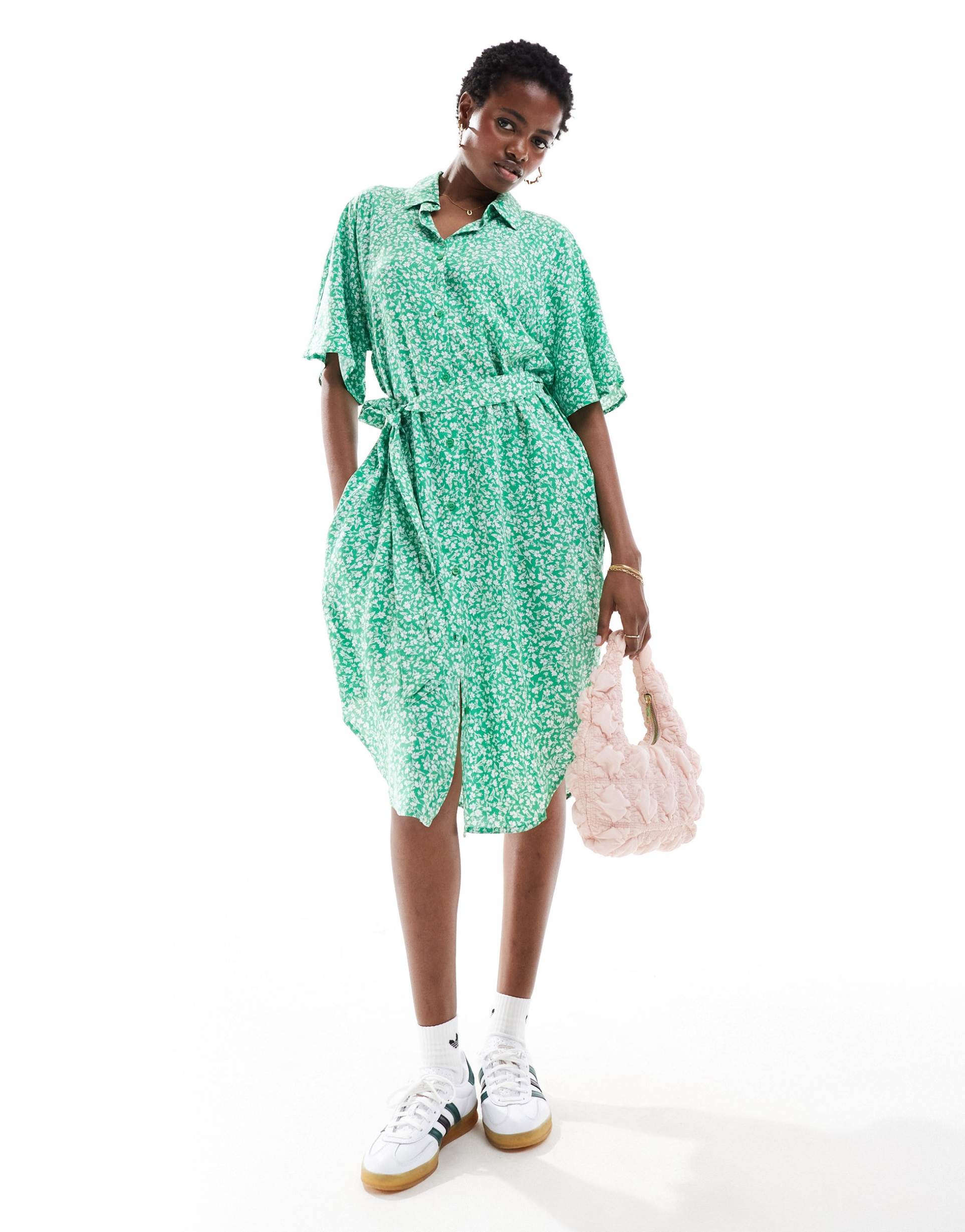 monki tie waist midi shirt dress in green meadow print exclusive to asos