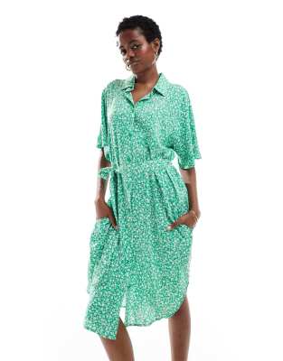 Monki tie waist midi shirt dress in green meadow print exclusive to ASOS |  ASOS