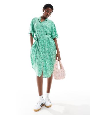 Monki Tie Waist Midi Shirt Dress In Green Meadow Print-multi