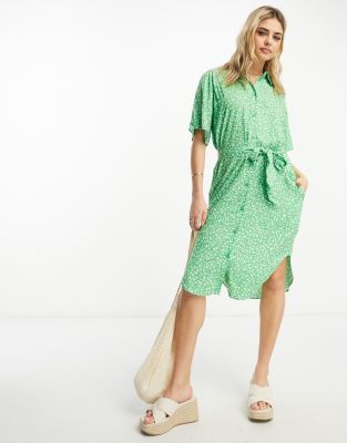 tie waist midi shirt dress in green meadow