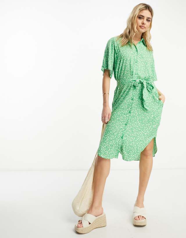 Monki - tie waist midi shirt dress in green meadow