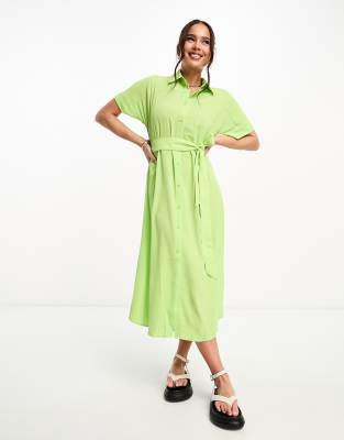 tie waist midi shirt dress in green