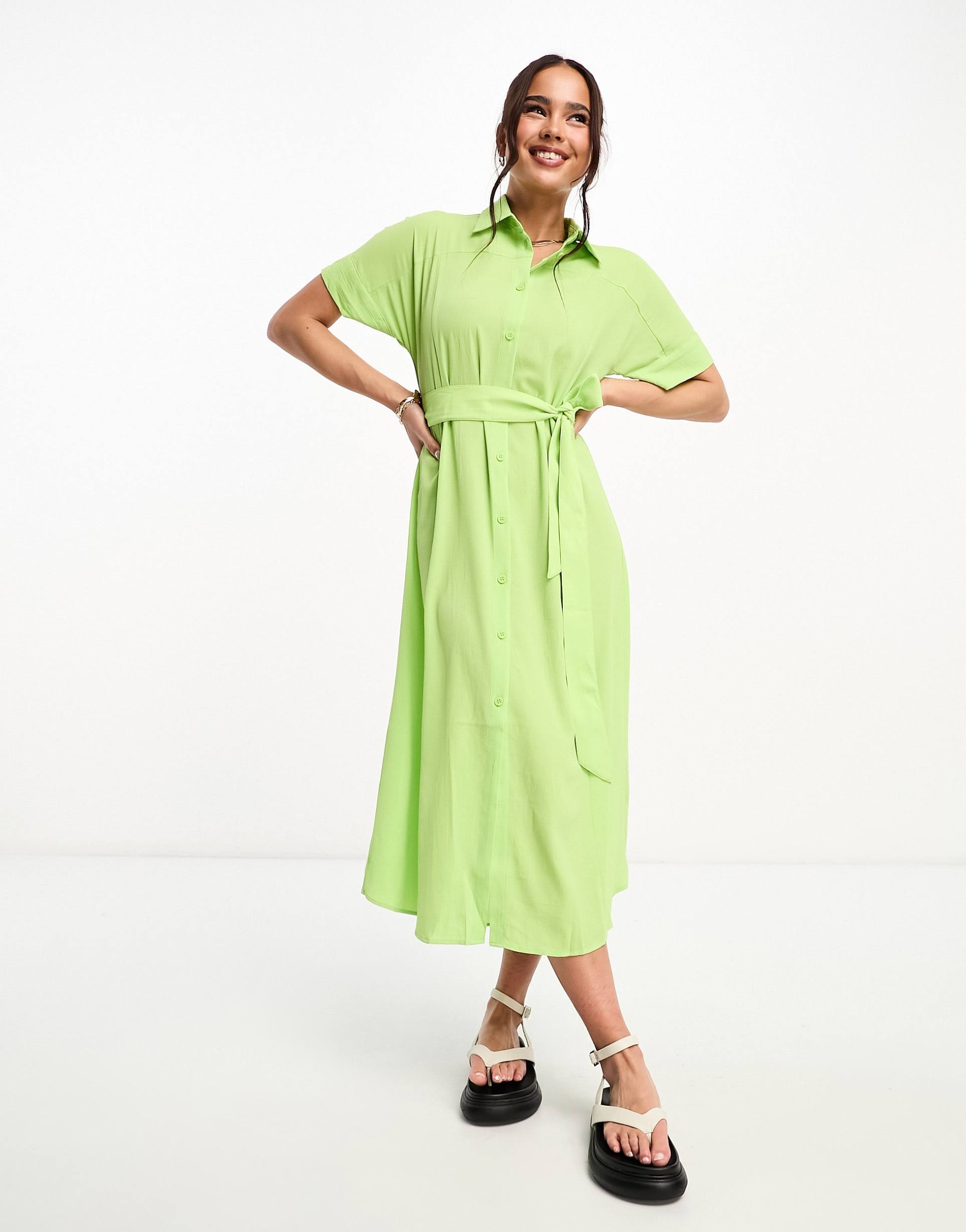 monki tie waist midi shirt dress in green