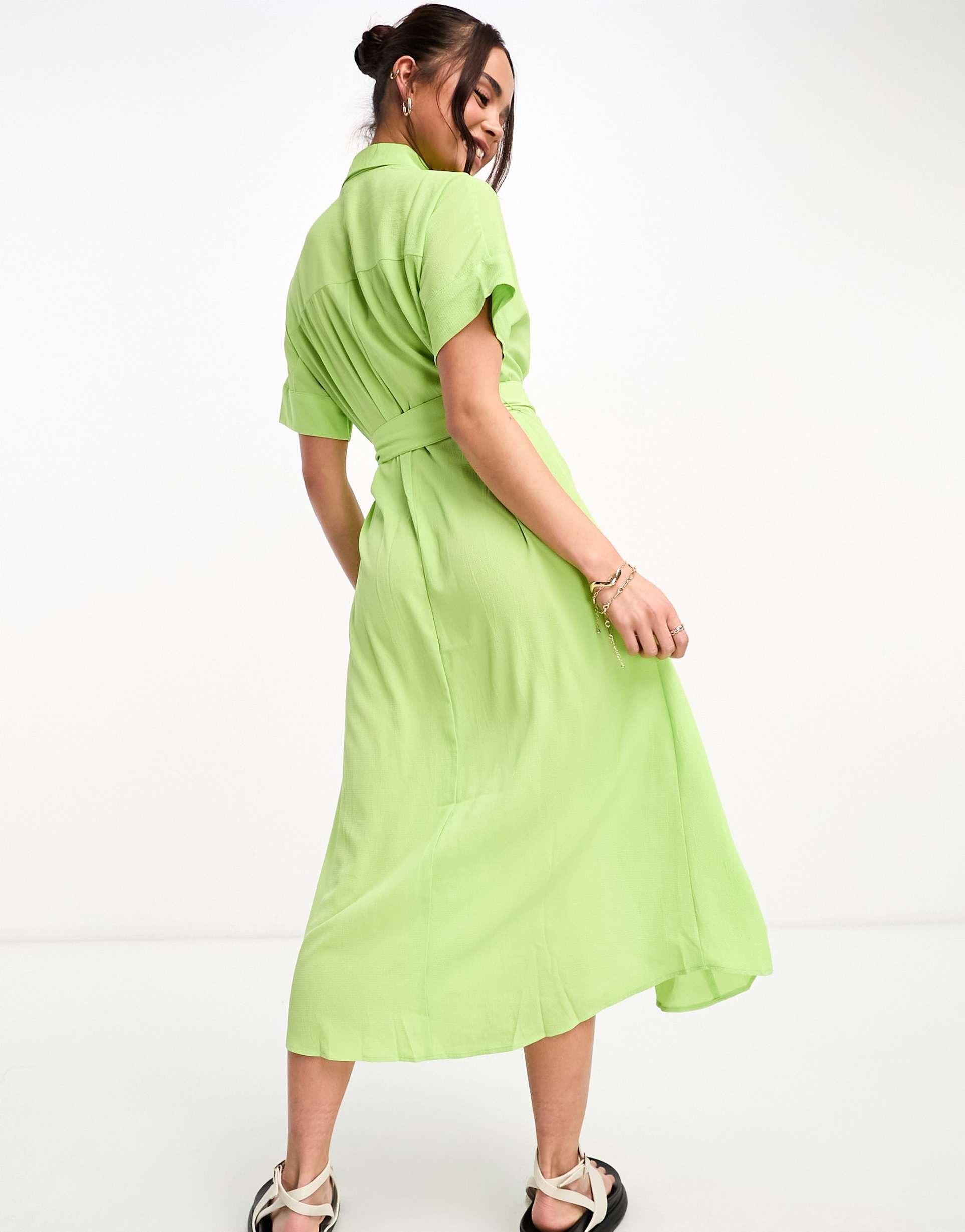 monki tie waist midi shirt dress in green
