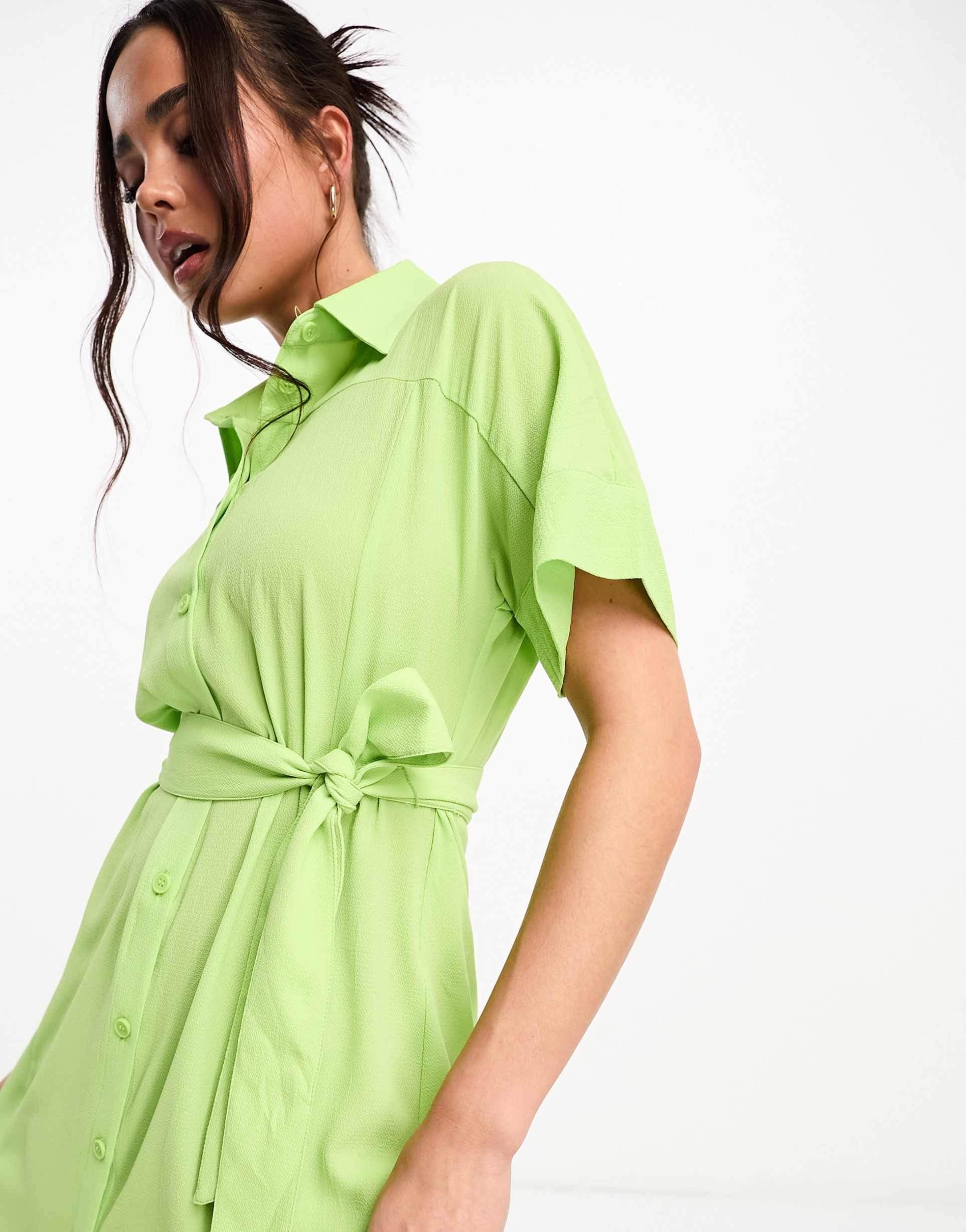 monki tie waist midi shirt dress in green