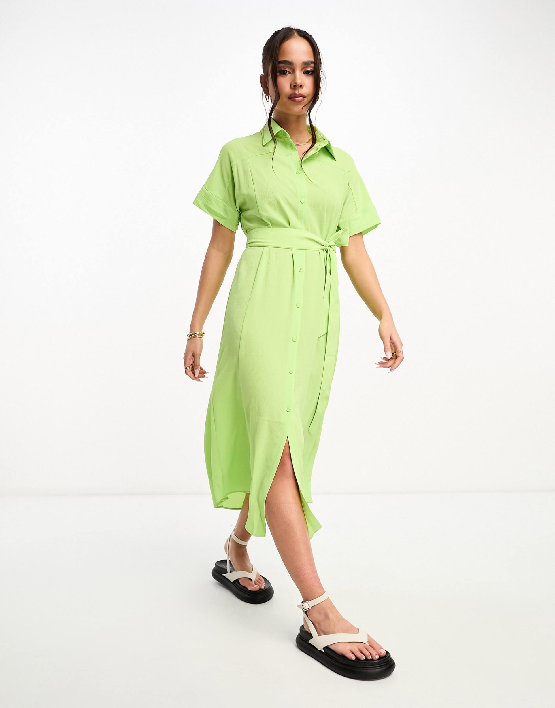monki tie waist midi shirt dress in green