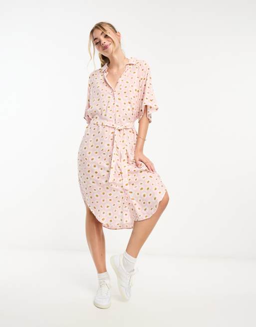 Monki tie waist midi shirt dress in pink sunflower print