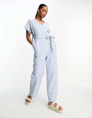 Monki Tie Waist Poplin Jumpsuit In Blue And White Stripe-multi