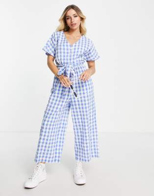 Monki tie waist seersucker jumpsuit in blue gingham