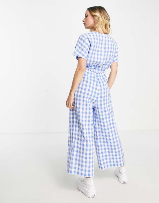 Monki tie waist seersucker jumpsuit in blue gingham