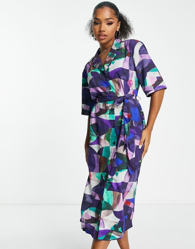 Monki tie waist shirt dress in abstract print