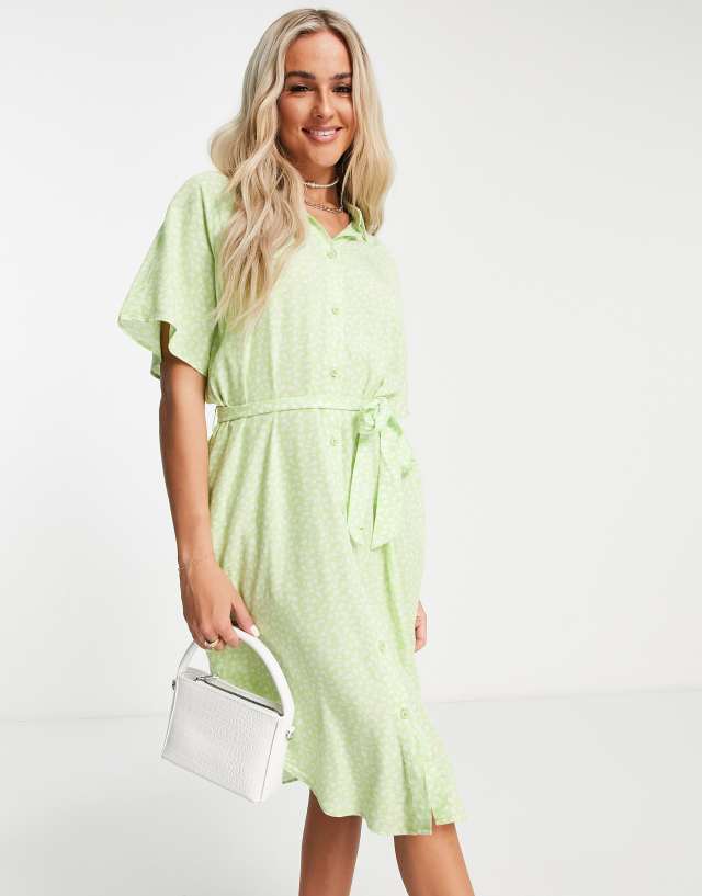 Monki tie waist shirt dress in green