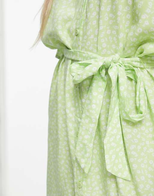 Monki tie waist shirt dress in green | ASOS