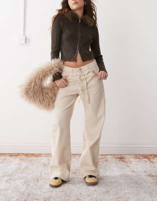 Monki Monki tie waist wide leg trousers in beige-Neutral