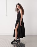 [Monki] Monki tiered floaty maxi dress with low tie back detail in black XS Black