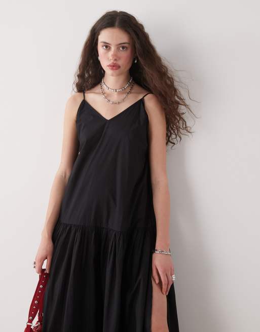 Monki tiered floaty maxi dress with low tie back detail in black