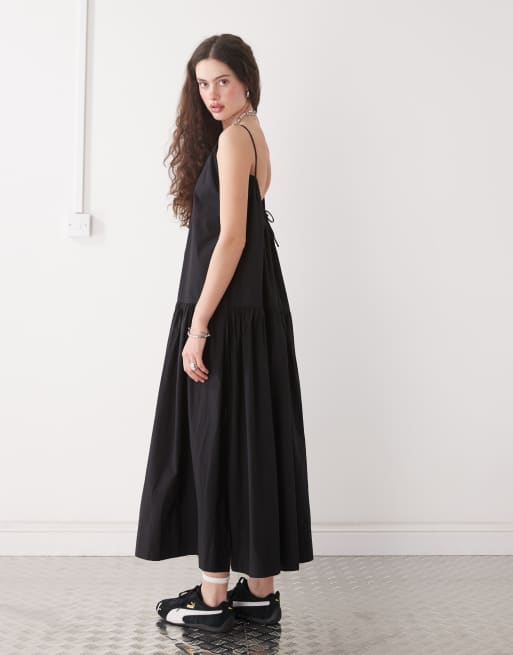 Monki tiered floaty maxi dress with low tie back detail in black