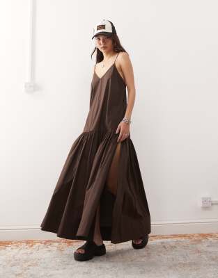 tiered floaty maxi dress with low tie back detail in dark brown