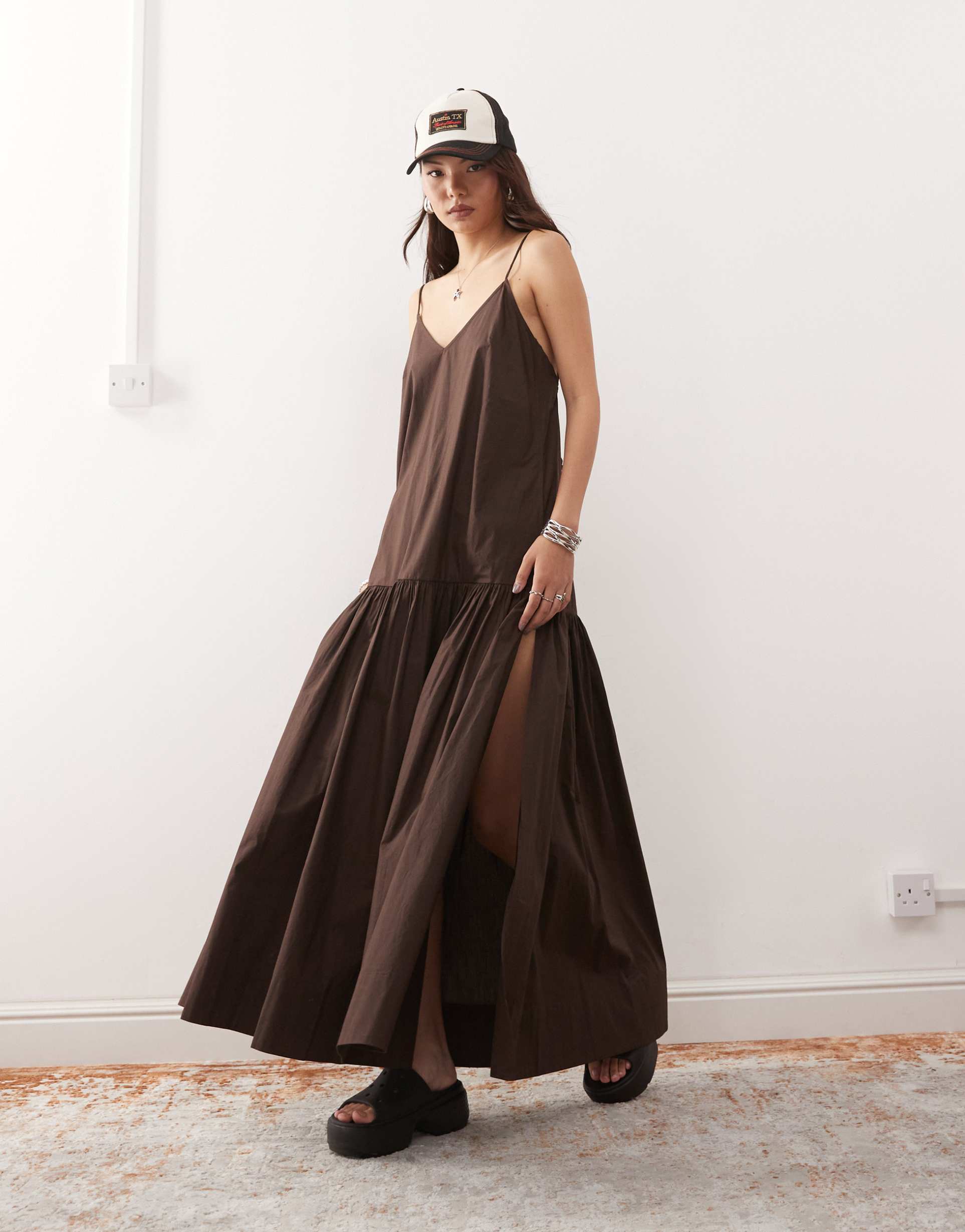 monki tiered floaty maxi dress with low tie back detail in dark brown