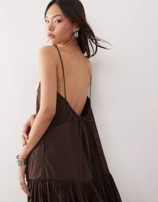 Monki tiered floaty maxi dress with low tie back detail in dark brown