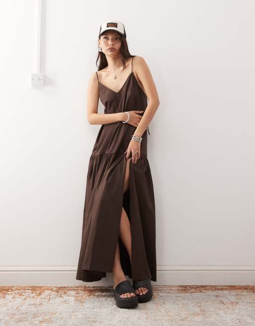 Monki tiered floaty maxi dress with low tie back detail in dark brown