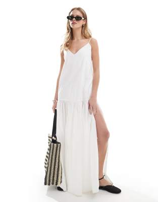 Monki Tiered Floaty Maxi Dress With Low Tie Back Detail In White