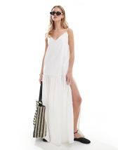 Topshop linen trapeze mini dress with deep hem in natural with contrast stitch