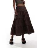 [Monki] Monki tiered maxi cotton poplin skirt in brown 46 Brown