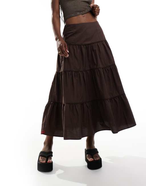 Monki Tiered Maxi Cotton Poplin Skirt in Brown