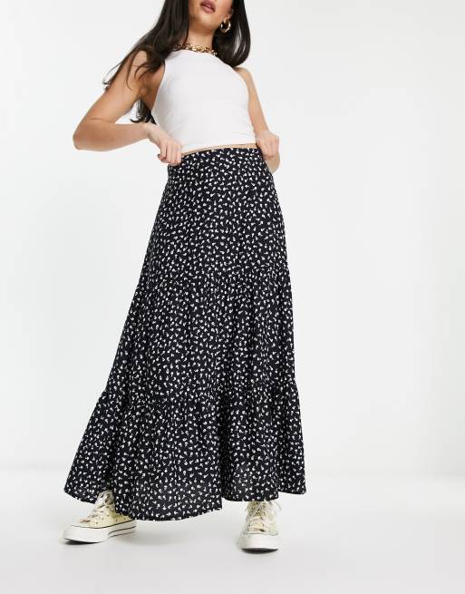 Monki tiered maxi skirt in black ditsy print | ASOS