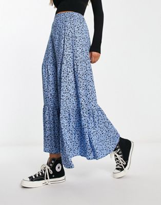 Monki tiered maxi skirt in blue meadow floral