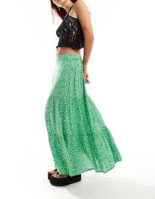 Monki tiered maxi skirt in green meadow floral