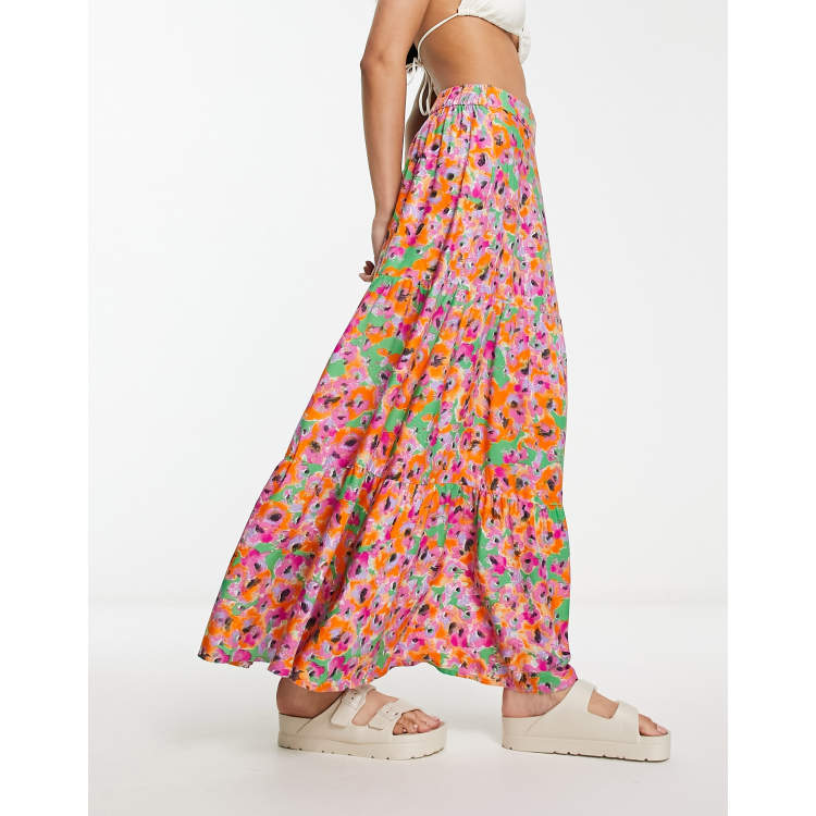 Floral print outlet tiered maxi skirt