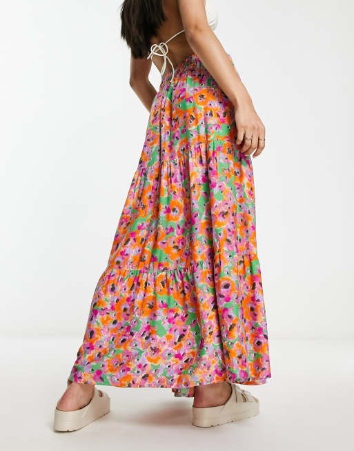 High waisted floral print tiered hi-lo maxi skirt sale