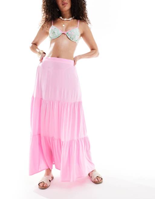 Monki tiered maxi skirt in pink